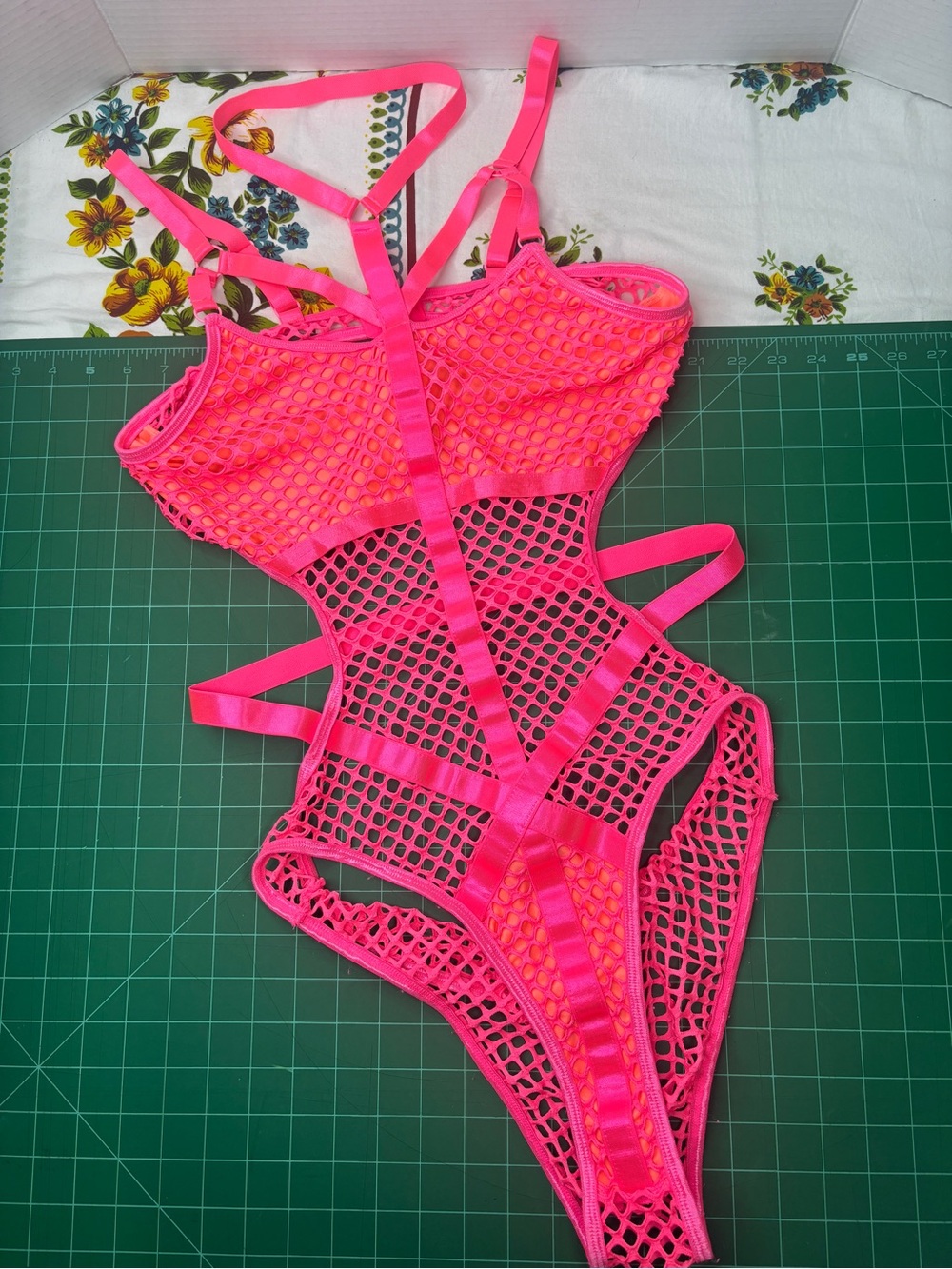 Neon Pink Fishnet Strappy Bodysuit for Women